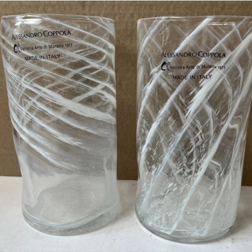 Alessandro Coppola Murano Glass Tumblers Set of 2 White Swirl Italy 16 oz